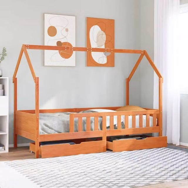 Berkfield Home Kids Bed Frame with Drawers in Brown Solid Pine Wood, W/D/H: 90 x 200 cm