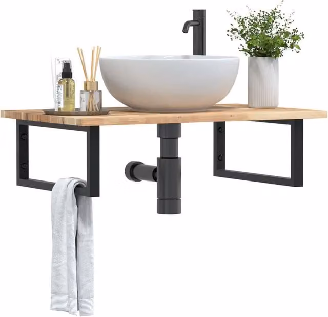 Berkfield Home Wall Mounted Basin Shelf in Brown Acacia Wood and Steel – 1