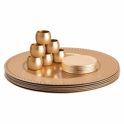 Argon Tableware 18pc Gold Melamine Round Charger Plate Set with Coasters and Napkin Rings, Diameter: 33 cm – 1