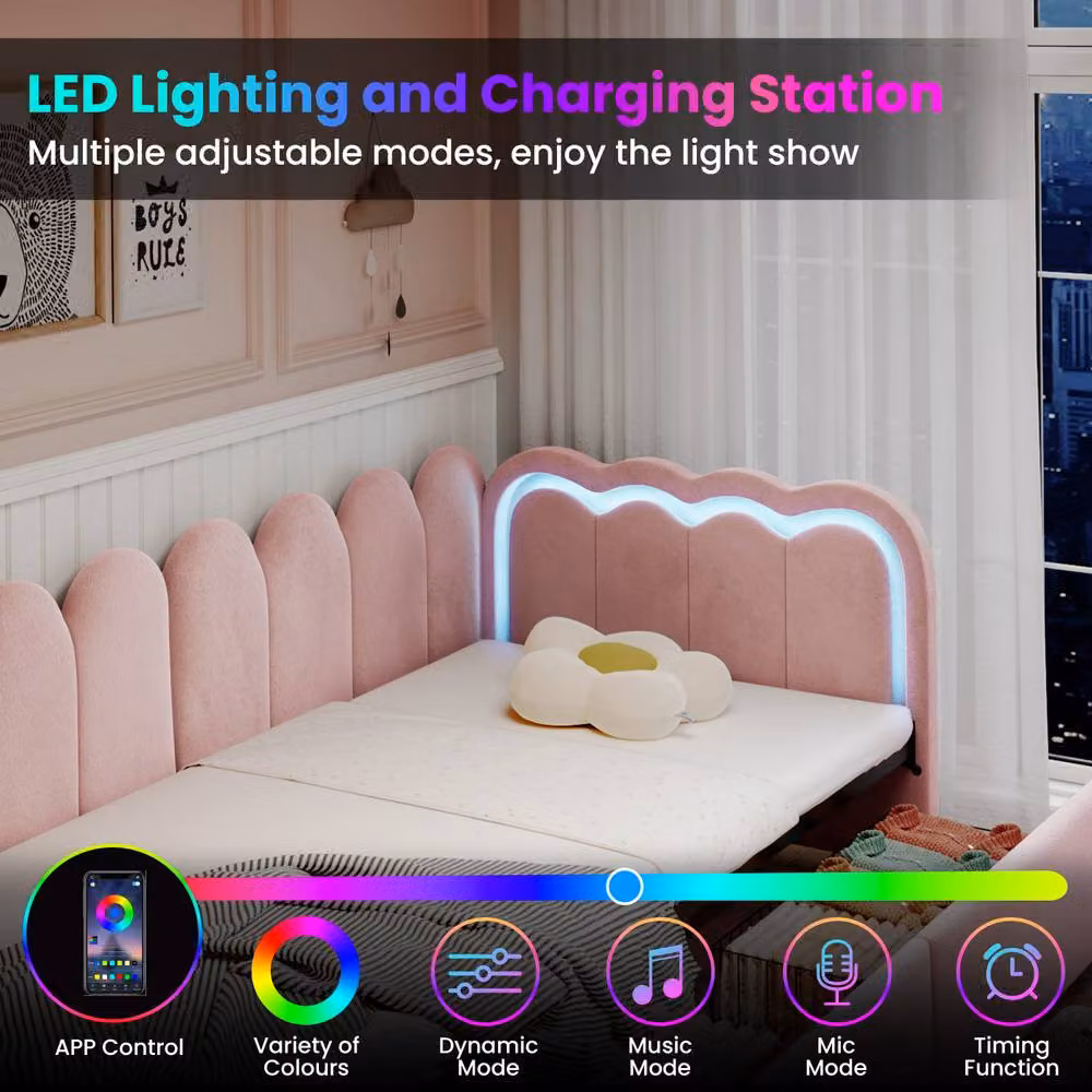 Merax Pink Velvet Single Daybed for Children with LED Lighting and 2 Storage Drawers, W/D/H: 90 x 190 cm – 4
