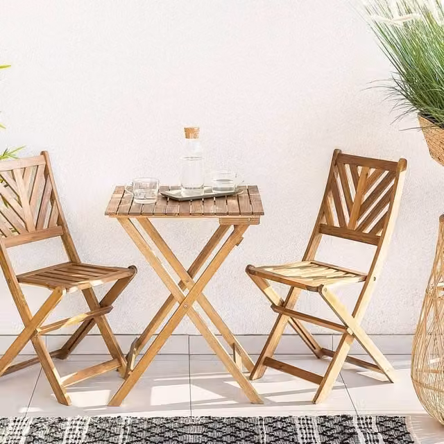 Wyld and Coco 3-Piece Acacia Wood Folding Bistro Set in Brown