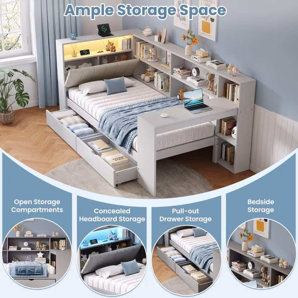 Matteo Grey Fabric L-Shape Daybed with Storage Drawers, LED Lighting and USB Charging Station, W/D/H: 90 x 190 cm – 2