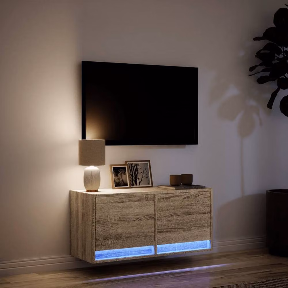 Berkfield Home Modern Wall Mounted TV Cabinet with Integrated LED Lights in Sonoma Oak, Light Brown, W/D/H: 80 x 31 x 38 cm – 3