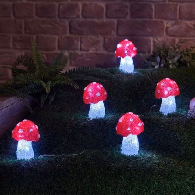 Marco Paul Pack of 5 Red and White Acrylic Mushroom LED Garden Lights, Battery Powered