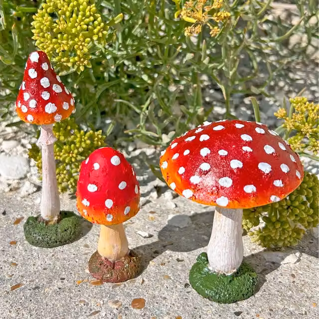 Farmwood Set of 3 Red Dotted Mushroom Garden Ornaments in Resin