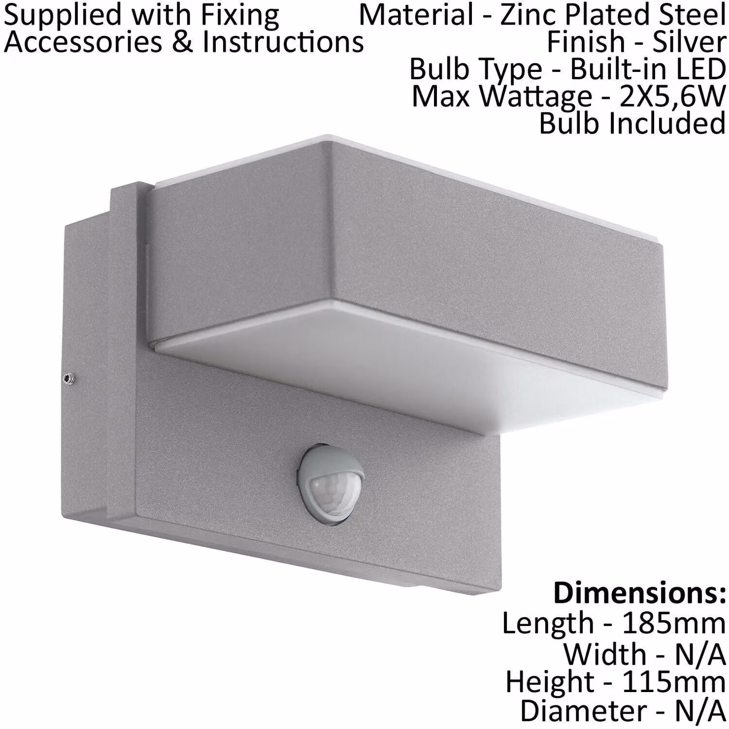 Loops 2 Pack Silver Steel Square LED Outdoor Wall Lights with PIR Motion Sensor, IP44 Rated – 2