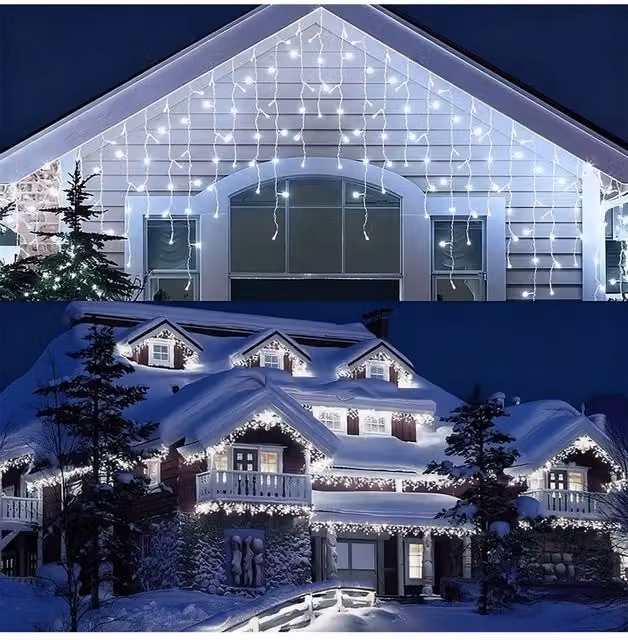 Living and Home Solar-Powered White LED Icicle String Lights with Remote Control and Dusk Sensor