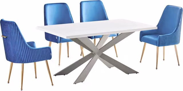 Life Interiors Soho Duke LUX Dining Set with Rectangular Table and 4 Blue Velvet Chairs with Gold Accents