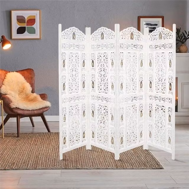 Topfurnishing 4 Panel Bells Heavy Carved Wooden Room Divider Screen in White with Floral Oriental Design