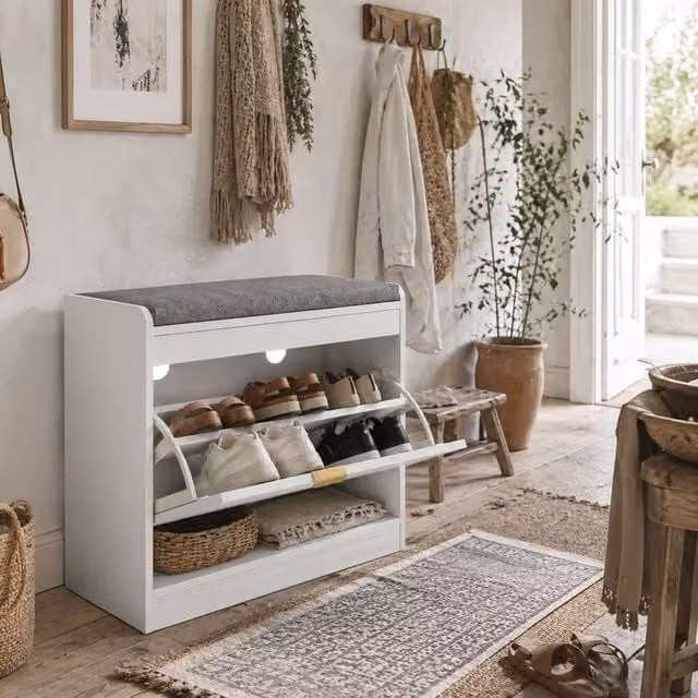 Wyld Haus Baniri White Shoe Storage Bench with Grey Fabric Seat and Gold Accents