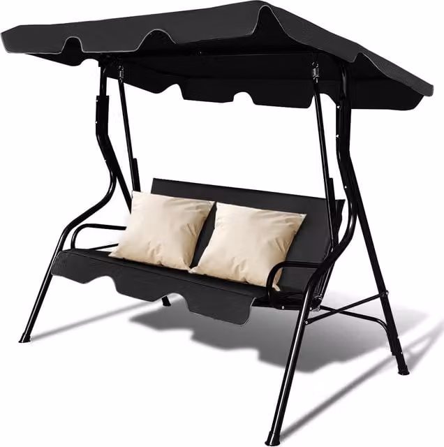 COSTWAY 3-Seater Canopy Swing Chair in Black with Powder Coated Steel Frame
