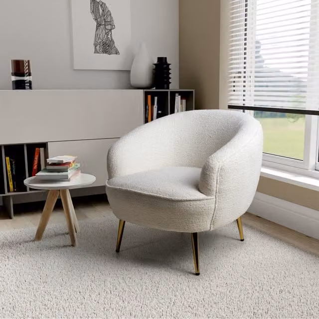 Shankar Modern White and Gold Bouclé Tub Chair with Armrests