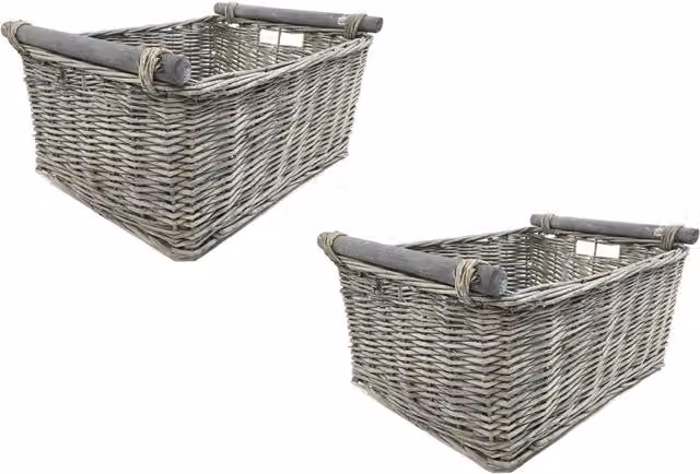Topfurnishing Set of 2 Grey Open Weave Rattan Wicker Storage Baskets with Handles, Diameter: 30 cm