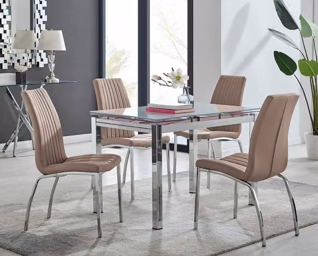 FurnitureboxUK Enna White Glass Extending Dining Table and 4 Isco Chairs in Cappuccino