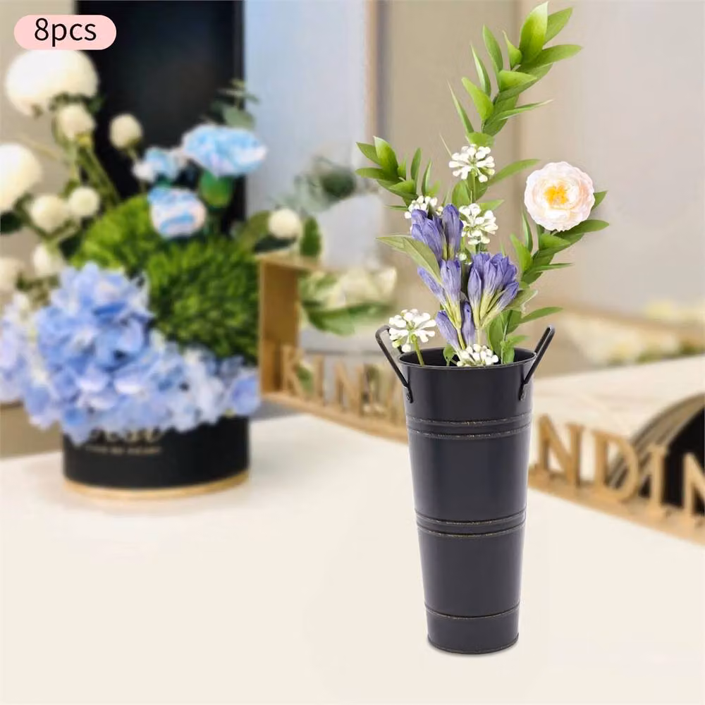 Ventryn 8-Piece Black Galvanised Metal Flower Bucket Vases for Tabletop Decor, H 23 cm x W 23 cm x D 11 cm – 4