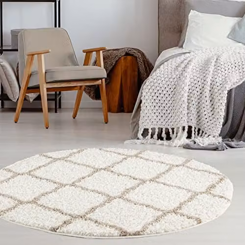 THE RUGS Moroccan Shaggy Round Area Rug, Beige, Diameter: 120 cm