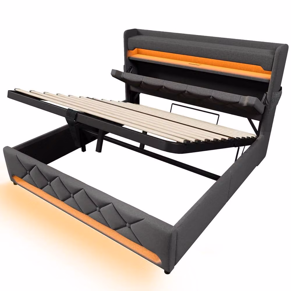 Rolipo Grey Upholstered King Size Ottoman Bed with LED Lighting, USB Charging Port and Storage Headboard, W/D/H: 180 x 200 cm – 7