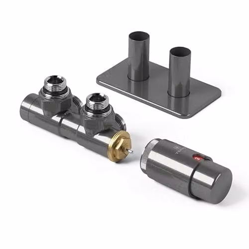 Terma Vario Twins Angled Accessory Valve Set with Thermostat Head and Pipe Masking, 50mm, Sparkling Grey