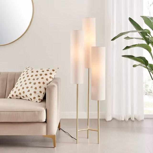 FurnitureboxUK Suri Boho Triple Floor Lamp with Gold Brass Plated Finish and White Fabric Cylinder Shades H 132 x W 32 x D 32 cm