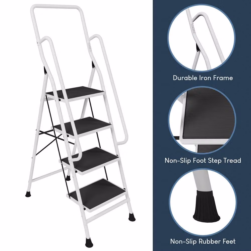 HD Designs Home Vida 4 Step Ladder with Handrail in White – 4