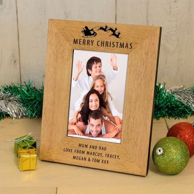 Uniqueful Personalised Merry Christmas Wood Picture Frame, Brown, W/H: 19.5 x 19.5 cm