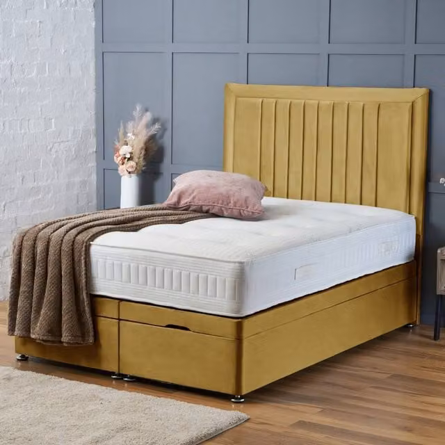 BSSPOKE Canes Ottoman Divan Bed in Mustard Yellow Plush Velvet with 54 inch Headboard, Small Double, W/D/H: 120 x 200 cm