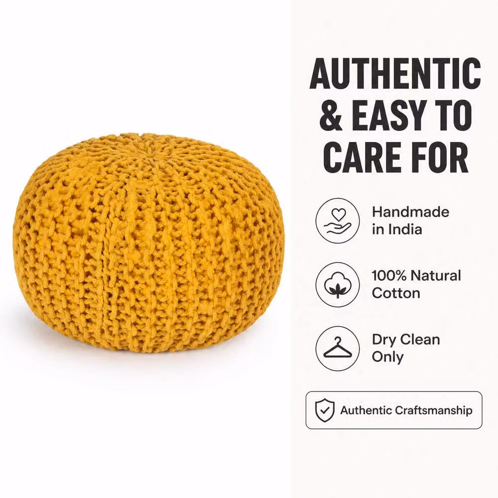 Bravich LTD Chunky Knitted Cotton Ottoman Footstool in Yellow, Diameter: 50 cm – 4