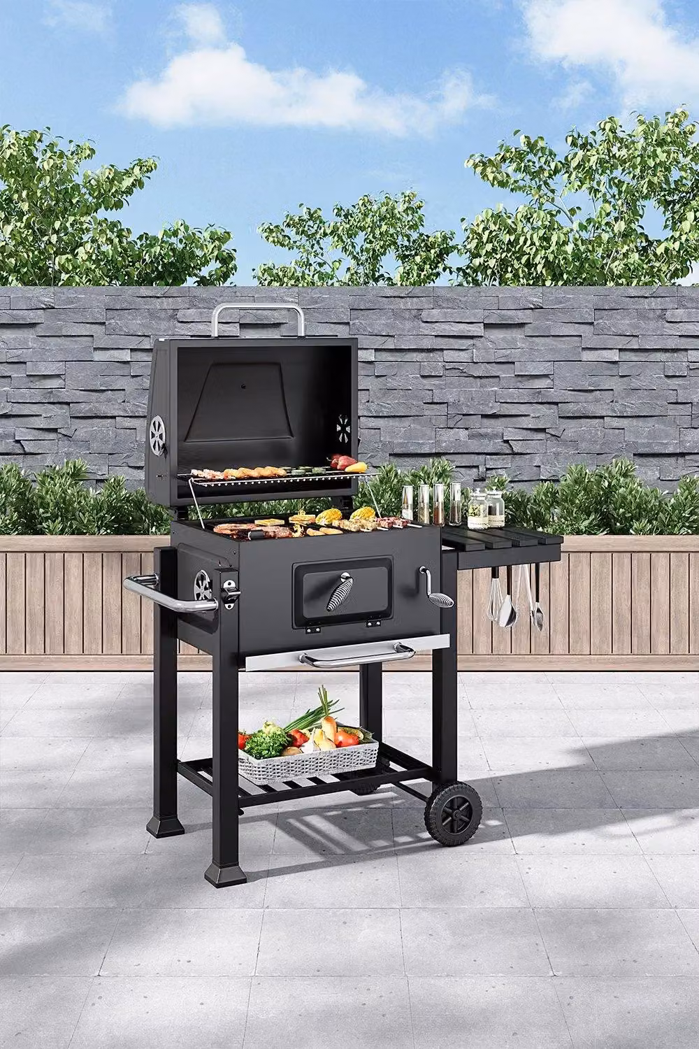 Garden Sanctuary Charcoal BBQ Grill with Portable Stainless Steel Trolley in Black – 2