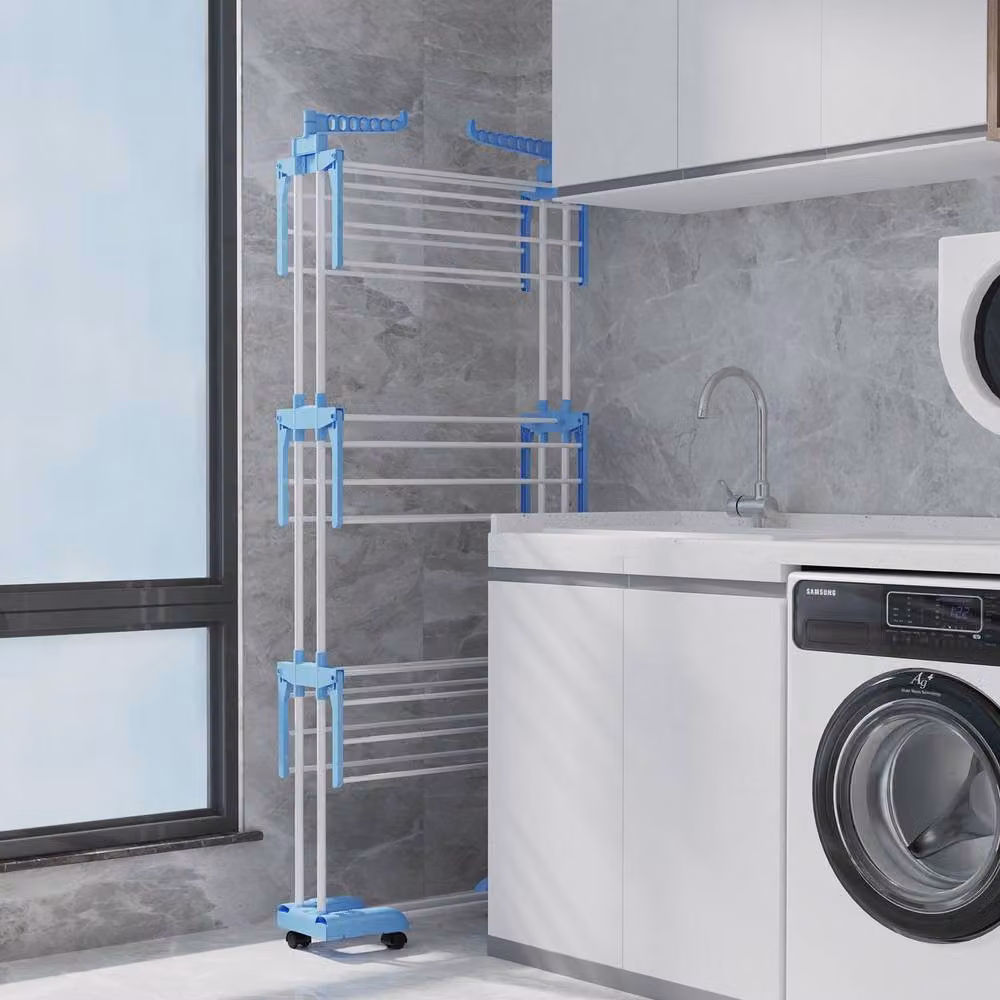 Dprodo 4-Tier Laundry Drying Rack in Blue with Wing Arms, Hooks and Wheels – 3