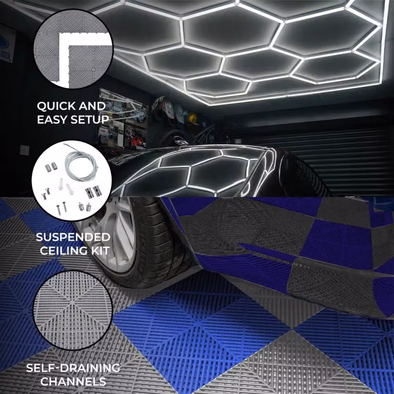 Monstershop Hexagon LED Light and Vented Garage Floor Tiles with Edges, Grey and Blue, 60 Pack