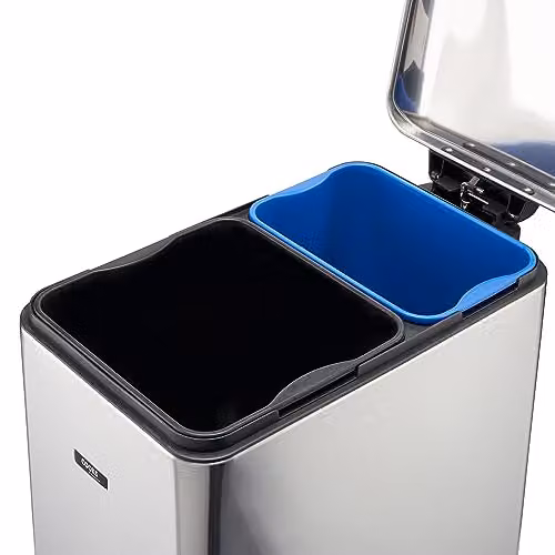 Cooks Professional Slimline Dual Recycle Pedal Bin 50L with 20L and 30L Removable Compartments, Soft Close Lid and Stainless Steel Finish in Silver – 3