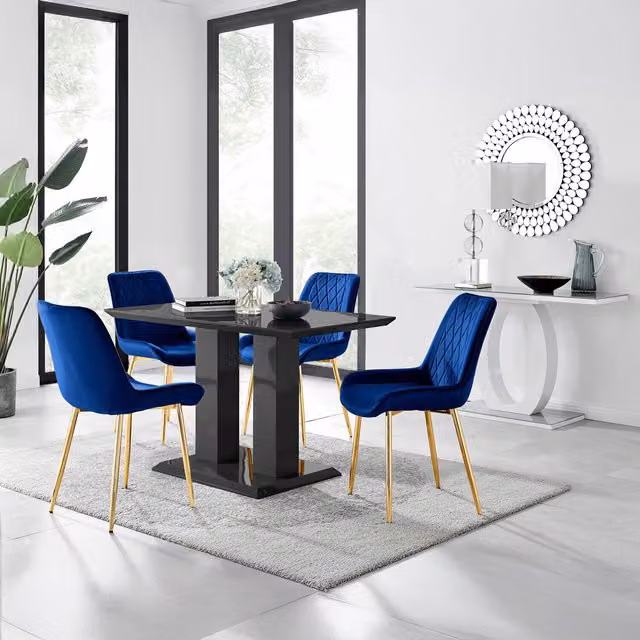 FurnitureboxUK Imperia Black Dining Table with 4 Pesaro Gold Leg Chairs in Navy Blue