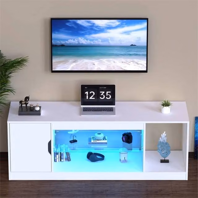 VOGREX Modern LED TV Stand with Integrated Lighting and Glass Details in White, W: 148.0 cm, D: 52.5 cm, H: 52.5 cm – 1