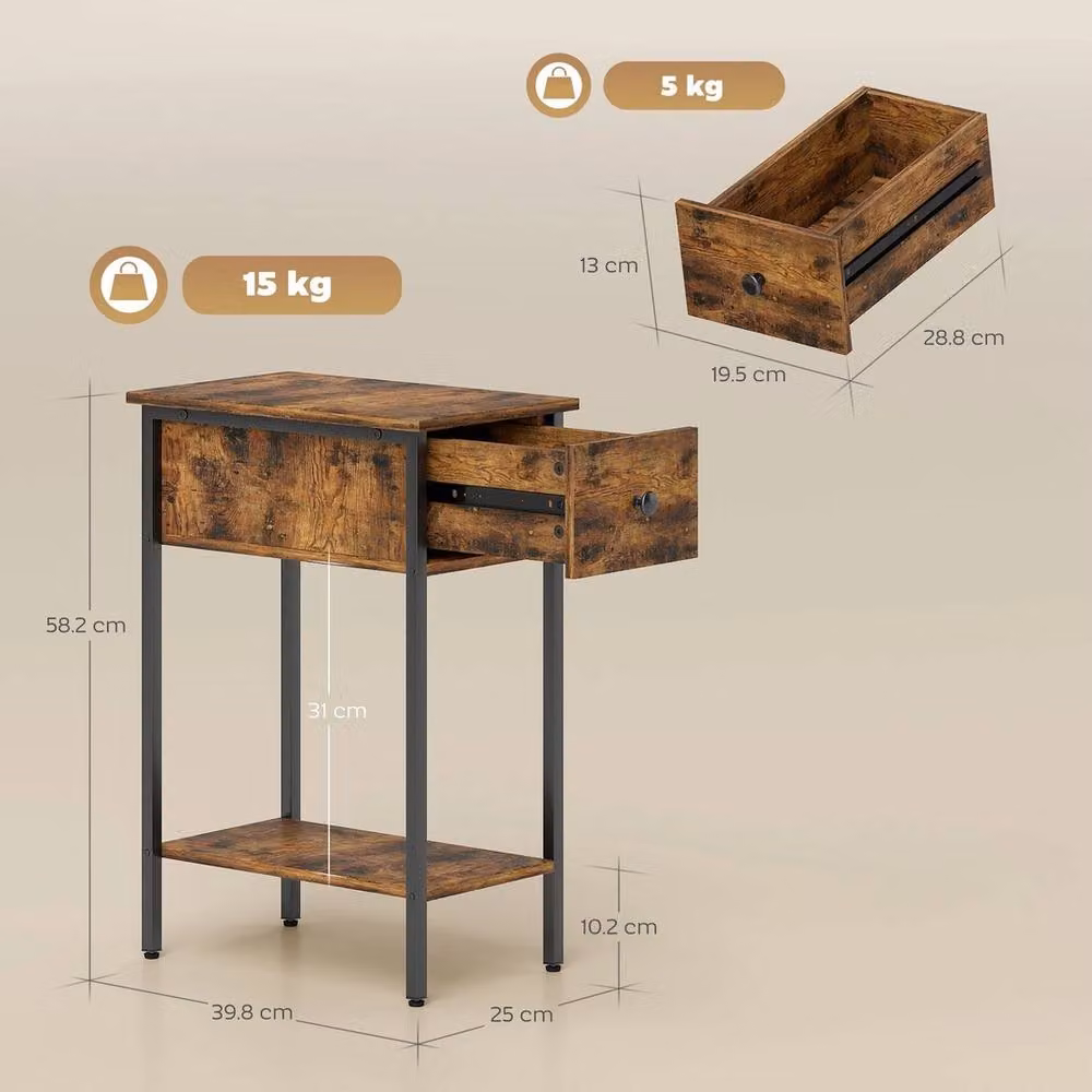 FORGEVIO Industrial Narrow Side Table with Drawer and Storage Shelf in Brown and Multicolour – 2