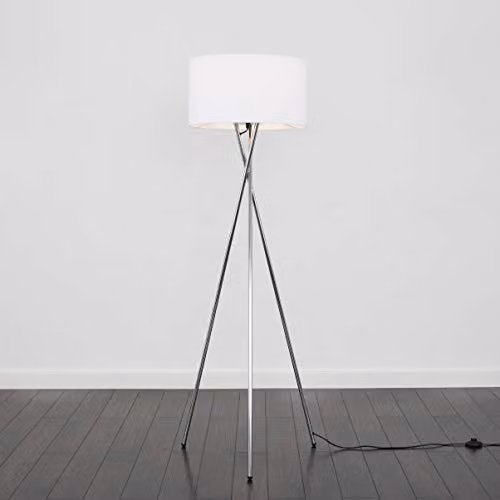 ValueLights Camden Modern Polished Chrome Metal Tripod Floor Lamp with White Fabric Cylinder Shade – 4