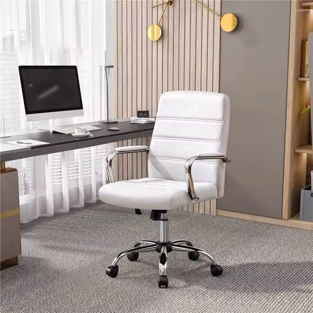 EONLION White PU Leather Modern Swivel Task Chair for Home Office