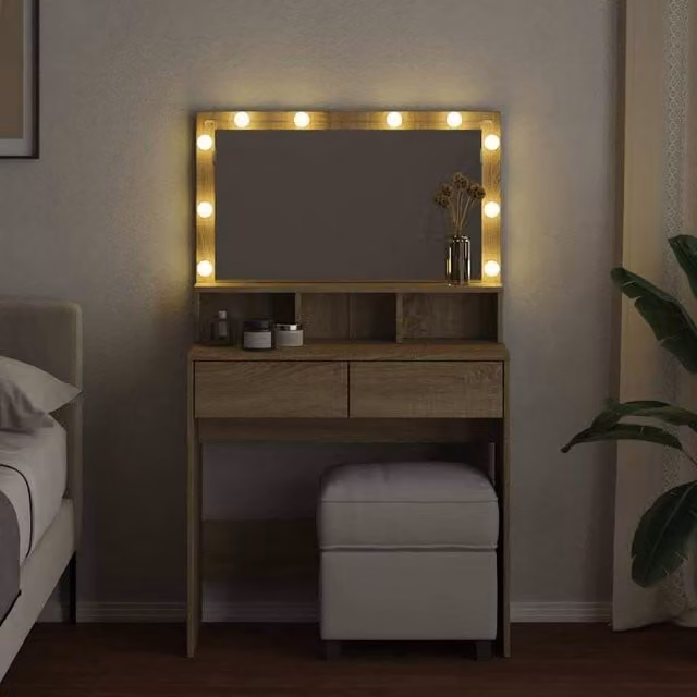 Berkfield Home Beautiful Dressing Table with LED in Sonoma Oak Light Brown, W: 80 cm, D: 41 cm, H: 134.5 cm