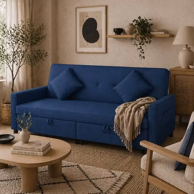 Wyld Haus Sarova Blue Velvet 3 Seater Click Clack Convertible Sofa Bed with Scatter Cushions, W/D/H: 196 x 89 x 90 cm – 1