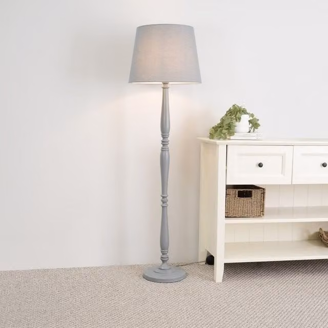 ValueLights Victoria Traditional White Wood Stem Floor Lamp with Grey Fabric Tapered Shade, H 156 cm x W 46 cm x D 46 cm