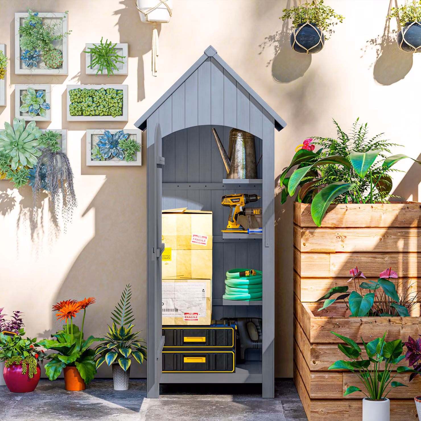 Outsunny Grey Wooden Garden Storage Shed with 3 Shelves and Lockable Single Door, W/D/H: 77.5 x 54.2 x 179.5 cm – 5