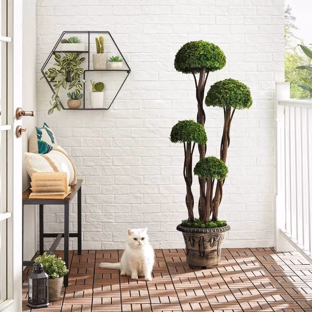FLAVORA Green Artificial Cypress Topiary Tree Realistic Potted Faux Plant, Height: 90 cm – 4
