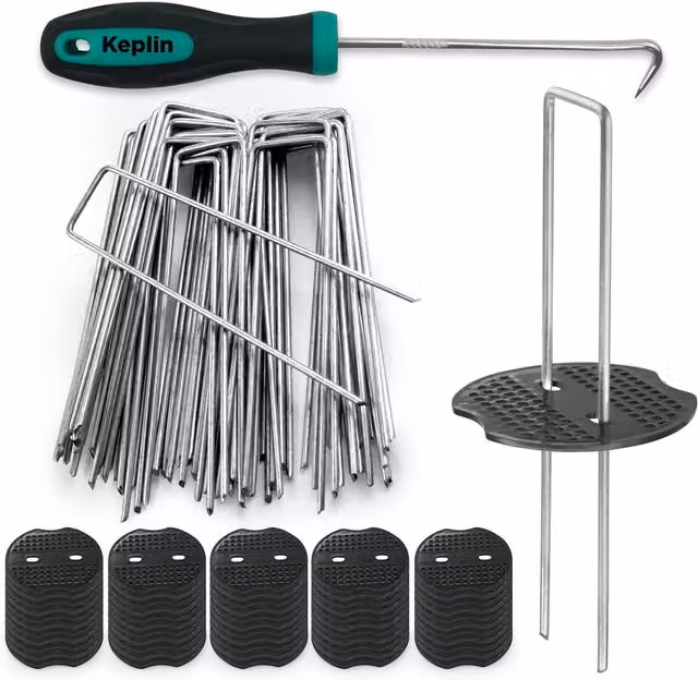 Keplin 101-Piece U-Shaped Garden Peg Set with Washers and Pick Hook in Silver Galvanised Steel – 1