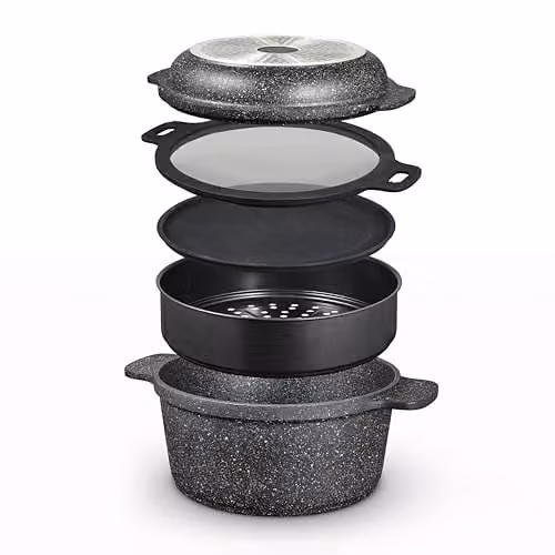 Tower Precision Multi-Functional Non-Stick Cast Aluminium Casserole Set with Steamer Insert, Black, Diameter: 24 cm – 1