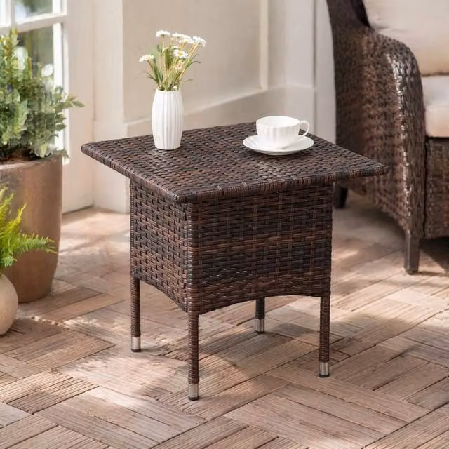 STILVORA Outdoor Side Table with Brown Rattan Finish and Metal Frame, Diameter: 50 cm – 1