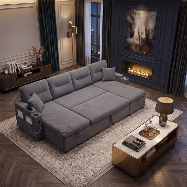 FENCHILIN 4-Seater L-Shape Pull-out Sofa Bed in Grey Corduroy with Dual Storage Chaise Lounges, USB Charging and Cup Holders