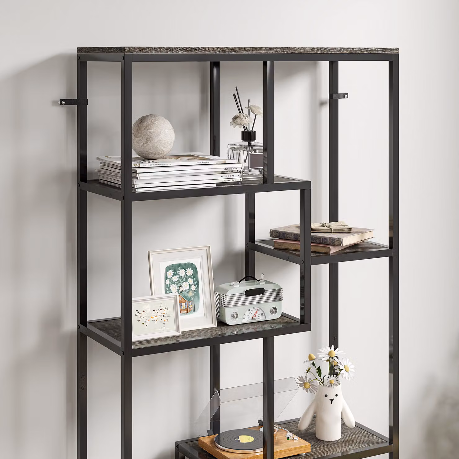 HOMCOM Seven-Tier Geometric Metal Bookcase in Grey and Black – 5