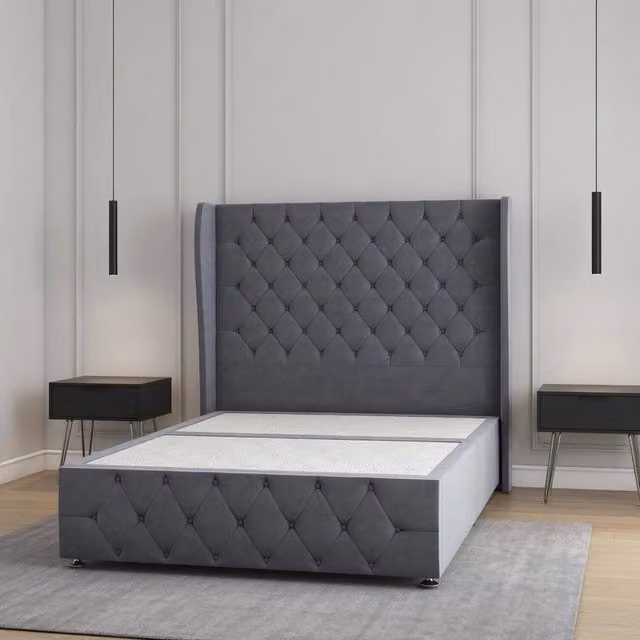Regional Furnishings Plush Velvet Divan Bed with 54 inch Headboard and Footboard in Charcoal Grey, W/D/H: 137.16 x 90 x 190 cm