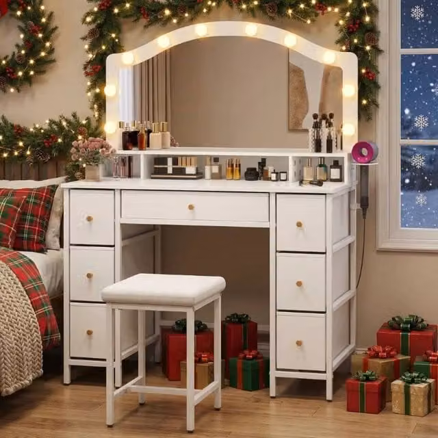 FORGEVIO Modern White Dressing Table with Hollywood LED Mirror and Drawers – 1