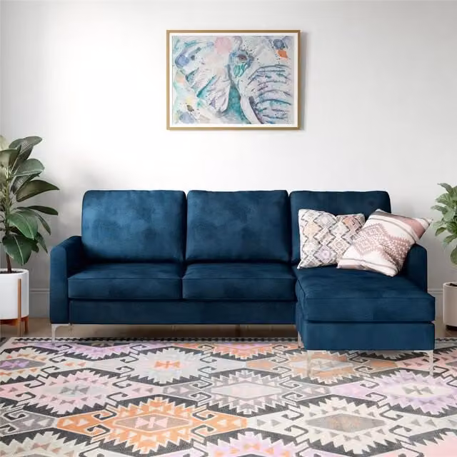 Novogratz Chapman L-Shape Sectional Sofa in Blue Velvet with Scatter Cushions