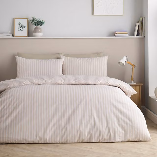 Catherine Lansfield Epping Textured Stripe Reversible Duvet Cover and Pillowcase Set in Natural Beige